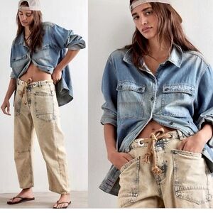 MICHAEL KORS Chambray Denim Distressed Button Down Long Sleeve Shirt Blouse